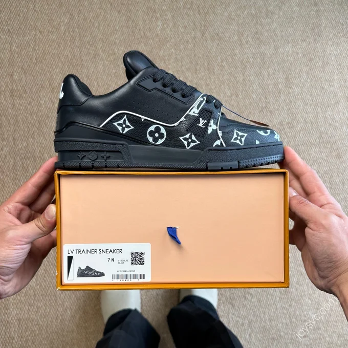 LV Trainer Black Grained Leather White Logo New Packaging
