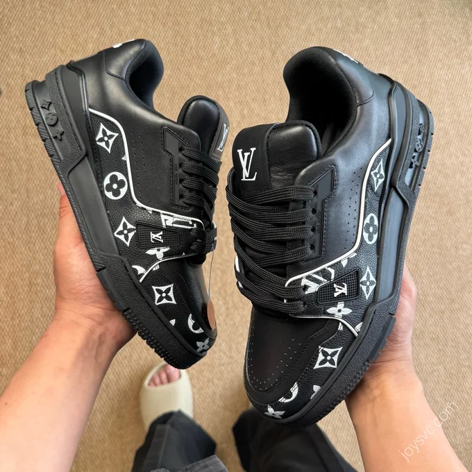 LV Trainer Black Grained Leather White Logo New Packaging