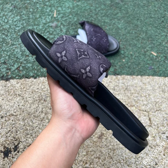 LOUIS VUITTON Monogram Print One-Strap Slides Black Purple