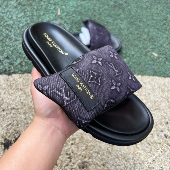 LOUIS VUITTON Monogram Print One-Strap Slides Black Purple