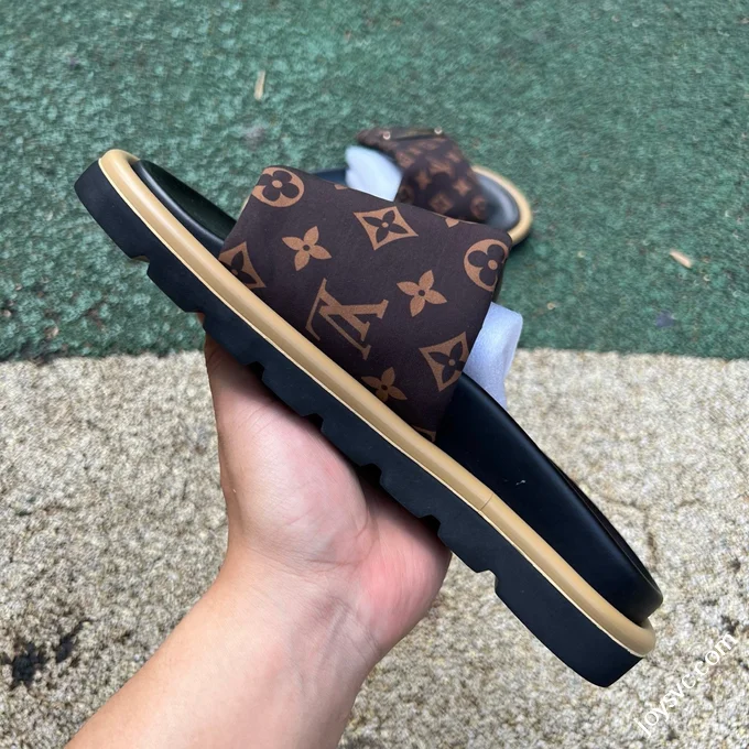LOUIS VUITTON Monogram Print One-Strap Slides Brown