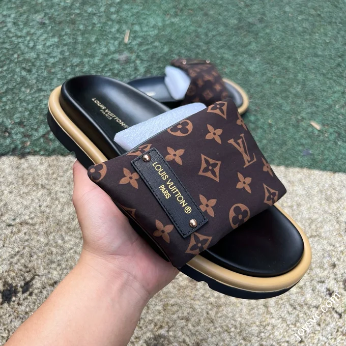 LOUIS VUITTON Monogram Print One-Strap Slides Brown
