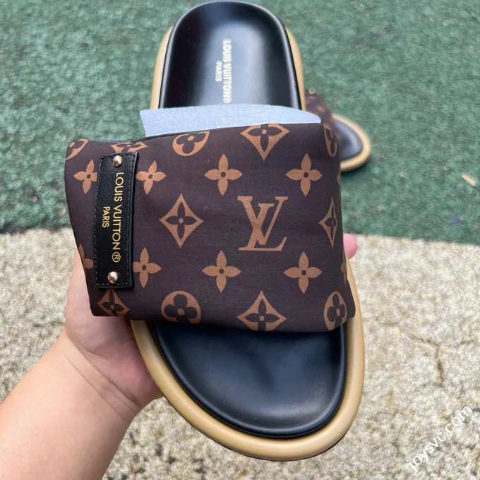 LOUIS VUITTON Monogram Print One-Strap Slides Brown