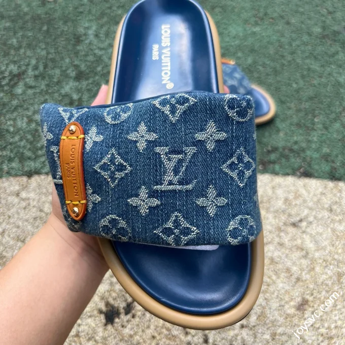 LOUIS VUITTON Monogram Print One-Strap Slides Blue