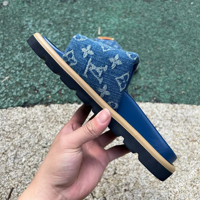 LOUIS VUITTON Monogram Print One-Strap Slides Blue