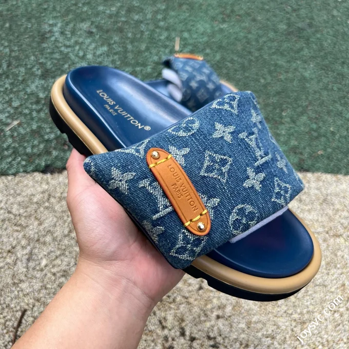 LOUIS VUITTON Monogram Print One-Strap Slides Blue