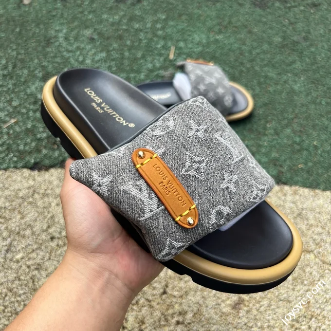 LOUIS VUITTON Monogram Print One-Strap Slides Grey