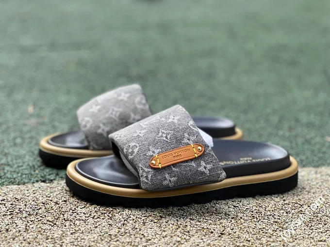 LOUIS VUITTON Monogram Print One-Strap Slides Grey