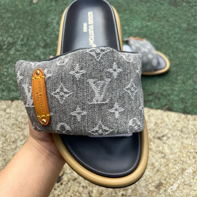 LOUIS VUITTON Monogram Print One-Strap Slides Grey
