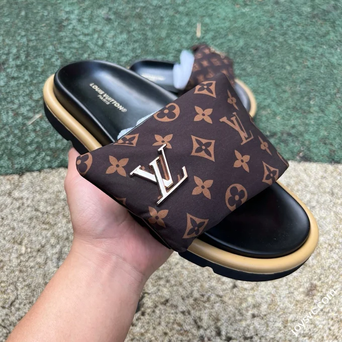 LOUIS VUITTON Monogram Print One-Strap Slides Brown Black