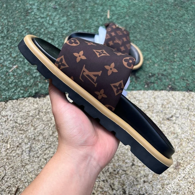 LOUIS VUITTON Monogram Print One-Strap Slides Brown Black