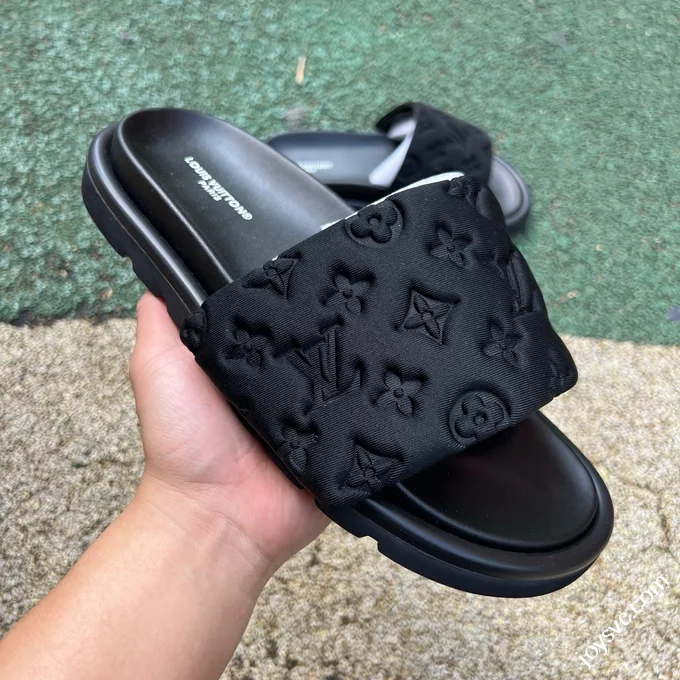 LOUIS VUITTON Monogram Print One-Strap Slides Black