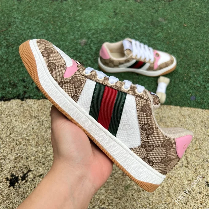 Gucci Screener White Brown Pink Detail Sneakers