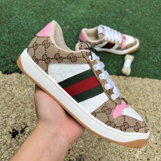 Gucci Screener White Brown Pink Detail Sneakers