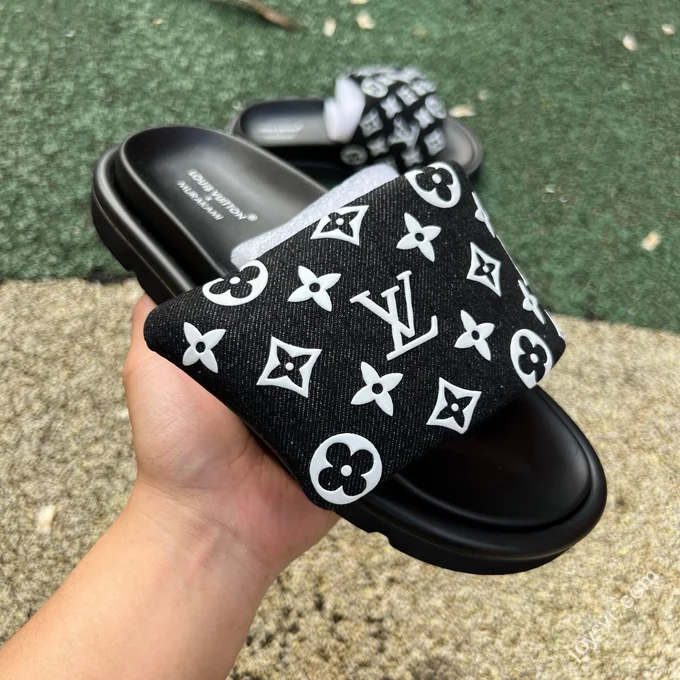 LV LOUIS VUITTON Miami Textile One-Strap Slides Black White