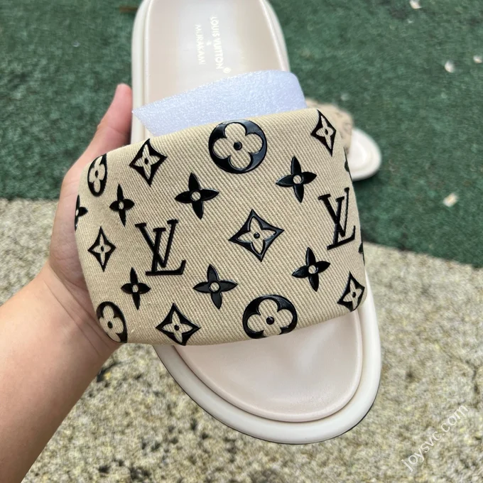 LV LOUIS VUITTON Miami Textile One-Strap Slides Beige