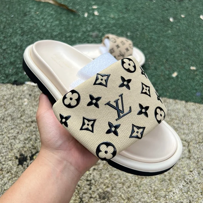 LV LOUIS VUITTON Miami Textile One-Strap Slides Beige