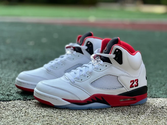 AJ5 White Red Fire Red Black Tongue Sneakers HQ7978-101