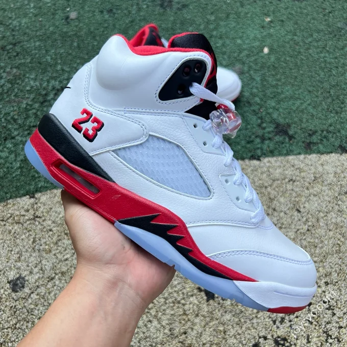 AJ5 White Red Fire Red Black Tongue Sneakers HQ7978-101