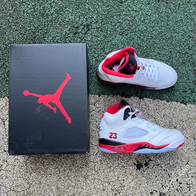 AJ5 White Red Fire Red Black Tongue Sneakers HQ7978-101