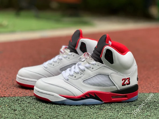 AJ5 White Red Fire Red Black Tongue Sneakers HQ7978-101