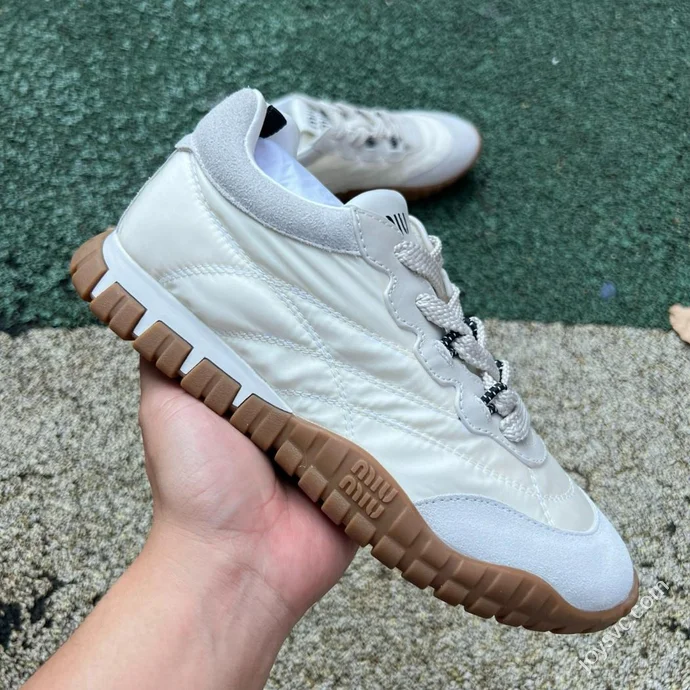 Miu Miu Tyre Suede Trainer Shoes Beige