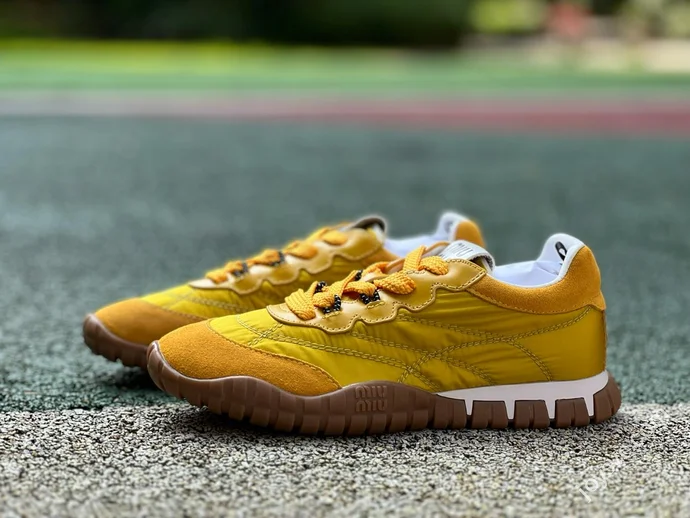 Miu Miu Tyre Suede Trainer Shoes Yellow