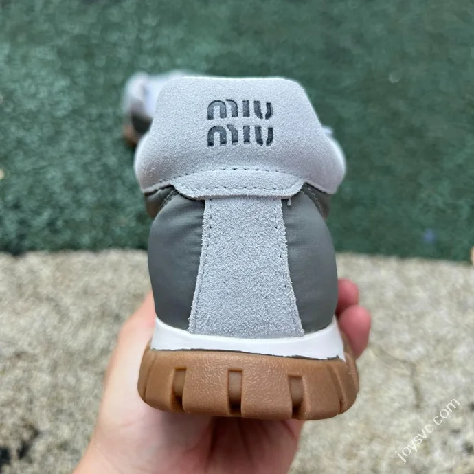 Miu Miu Tyre Suede Trainer Shoes Beige Grey