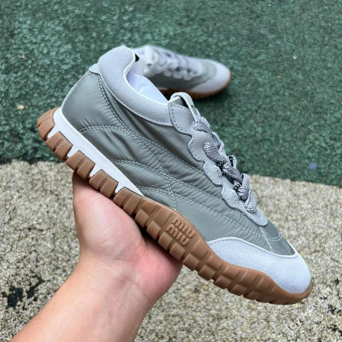 Miu Miu Tyre Suede Trainer Shoes Beige Grey