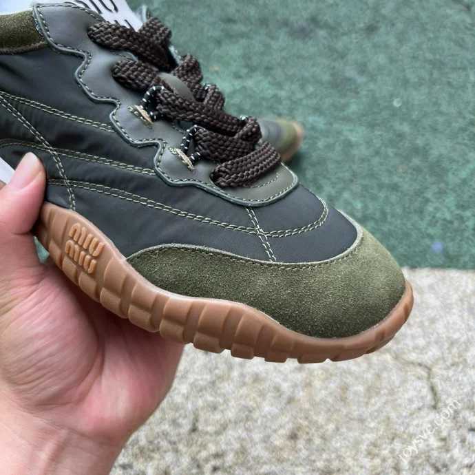 Miu Miu Tyre Suede Trainer Shoes Olive Green