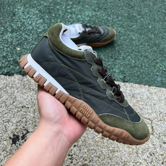 Miu Miu Tyre Suede Trainer Shoes Olive Green