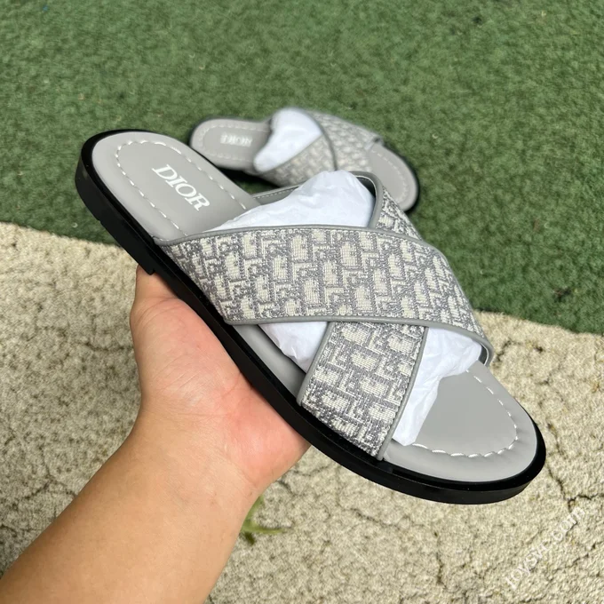 Dior Alias Calfskin Flat Slides Grey Men's Beige