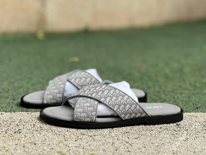 Dior Alias Calfskin Flat Slides Grey Men's Beige