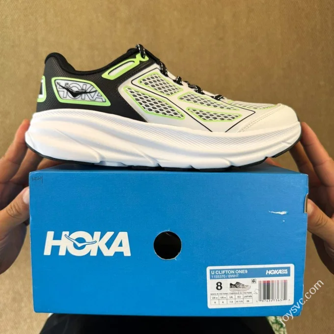 HOKA ONE ONE Clifton 9 Marathon Running Shoes Black White Green 1155370/BWHT
